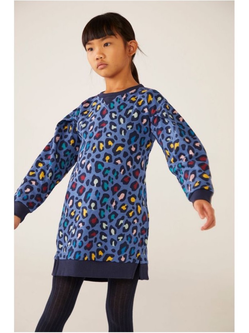 Kids Blue Multicolor Leopard Print Sweatshirt Dress